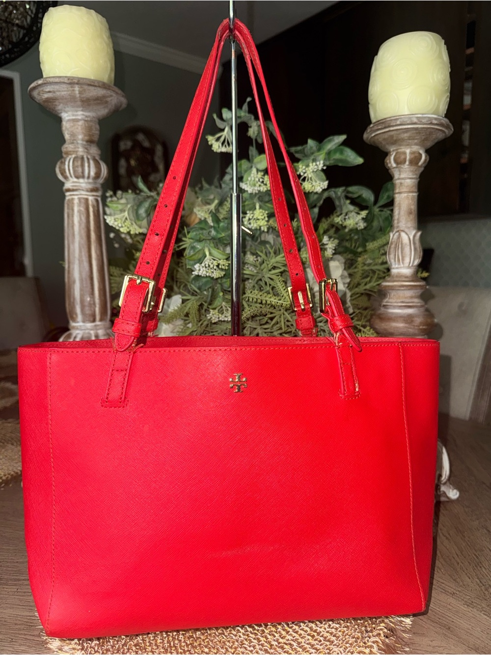 Tory Burch Red Saffiano Large Leather Tote
